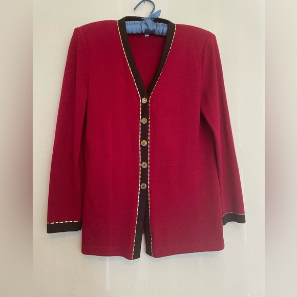 Vintage St John By Marie Gray Knit Cardigan Red/Black With Gold Accents Size 8 - Picture 1 of 6